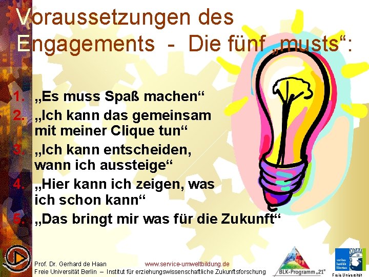 Voraussetzungen des Engagements - Die fünf „musts“: 1. „Es muss Spaß machen“ 2. „Ich