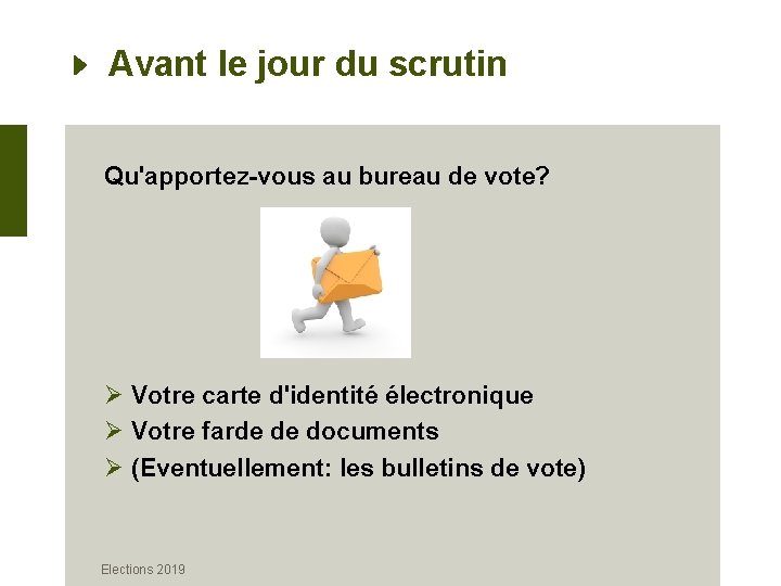 Avant le jour du scrutin Qu'apportez-vous au bureau de vote? Ø Votre carte d'identité