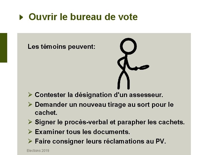 Ouvrir le bureau de vote Les témoins peuvent: Ø Contester la désignation d'un assesseur.