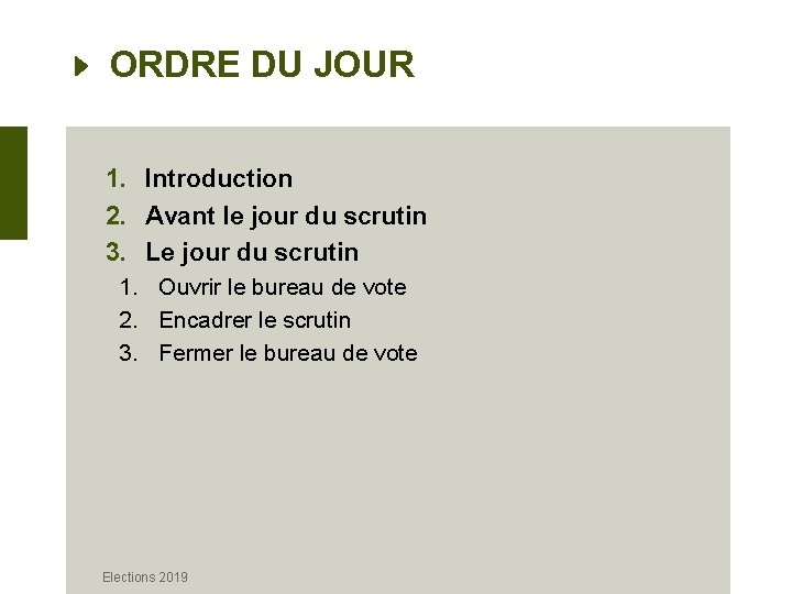 ORDRE DU JOUR 1. Introduction 2. Avant le jour du scrutin 3. Le jour