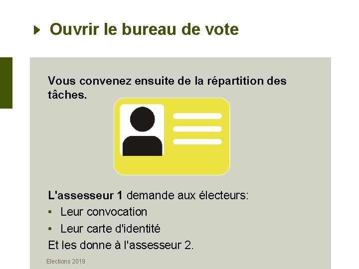 Ouvrir le bureau de vote Vous convenez ensuite de la répartition des tâches. L'assesseur