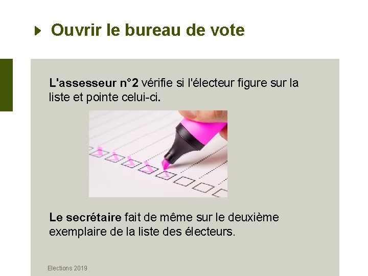 Ouvrir le bureau de vote L'assesseur n° 2 vérifie si l'électeur figure sur la