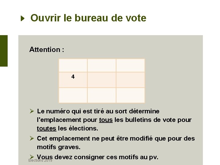 Ouvrir le bureau de vote Attention : 4 Ø Le numéro qui est tiré