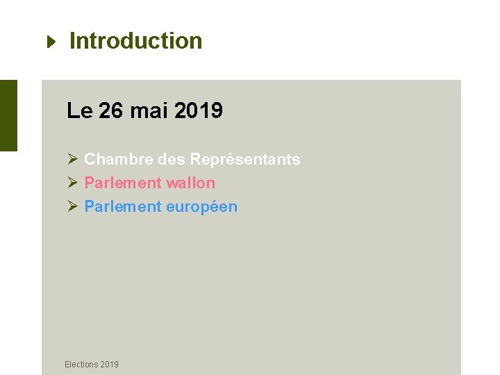 Introduction Le 26 mai 2019 Ø Chambre des Représentants Ø Parlement wallon Ø Parlement