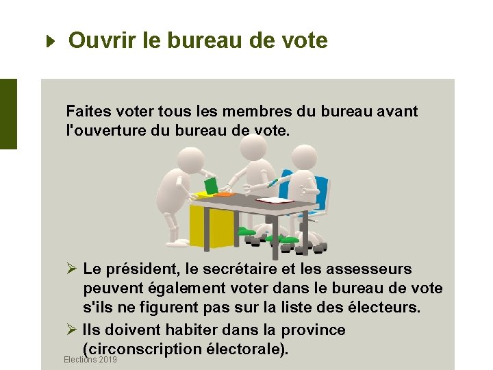 Ouvrir le bureau de vote Faites voter tous les membres du bureau avant l'ouverture