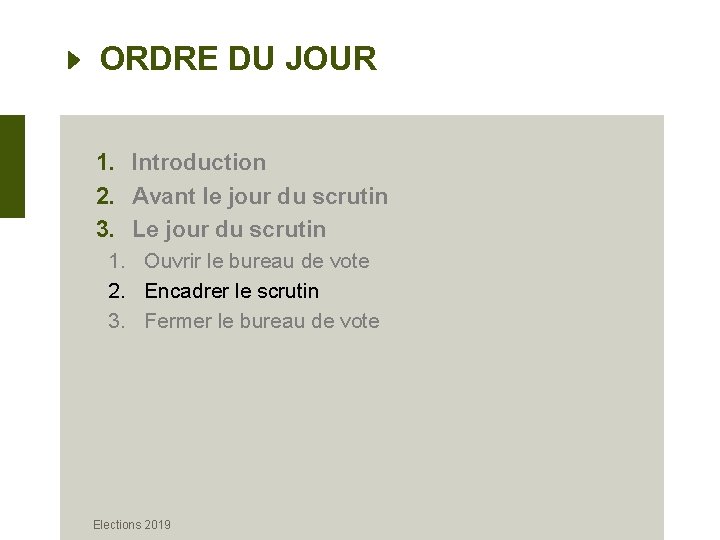 ORDRE DU JOUR 1. Introduction 2. Avant le jour du scrutin 3. Le jour