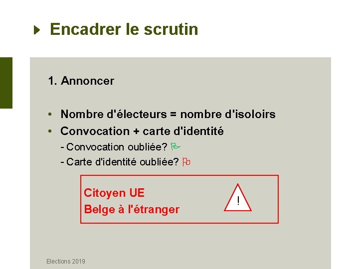 Encadrer le scrutin 1. Annoncer • Nombre d'électeurs = nombre d'isoloirs • Convocation +