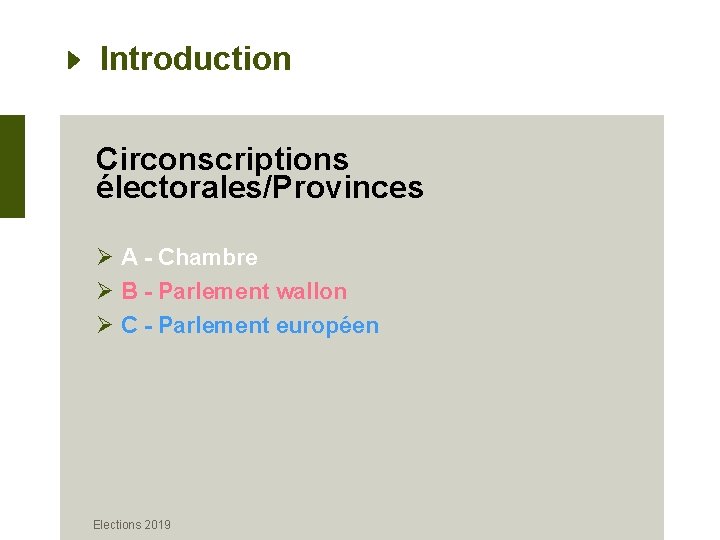 Introduction Circonscriptions électorales/Provinces Ø A - Chambre Ø B - Parlement wallon Ø C