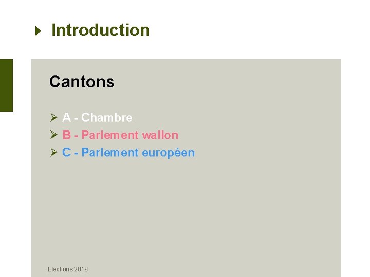 Introduction Cantons Ø A - Chambre Ø B - Parlement wallon Ø C -