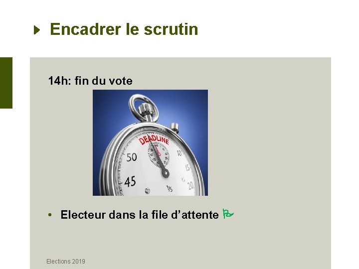 Encadrer le scrutin 14 h: fin du vote • Electeur dans la file d’attente