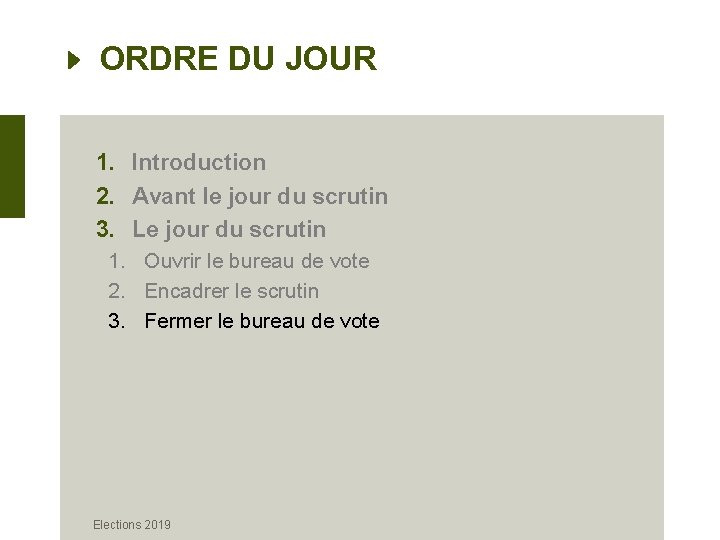 ORDRE DU JOUR 1. Introduction 2. Avant le jour du scrutin 3. Le jour