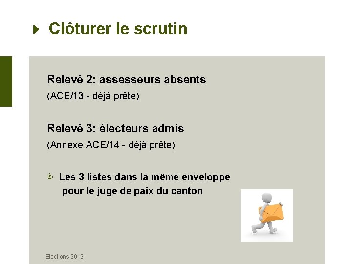 Clôturer le scrutin Relevé 2: assesseurs absents (ACE/13 - déjà prête) Relevé 3: électeurs