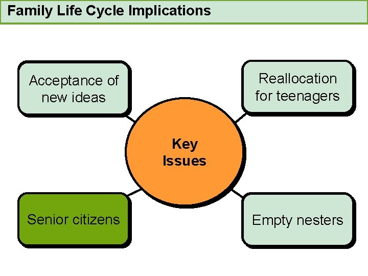 Family Life Cycle Implications Reallocation for teenagers Acceptance of new ideas Key Issues Senior