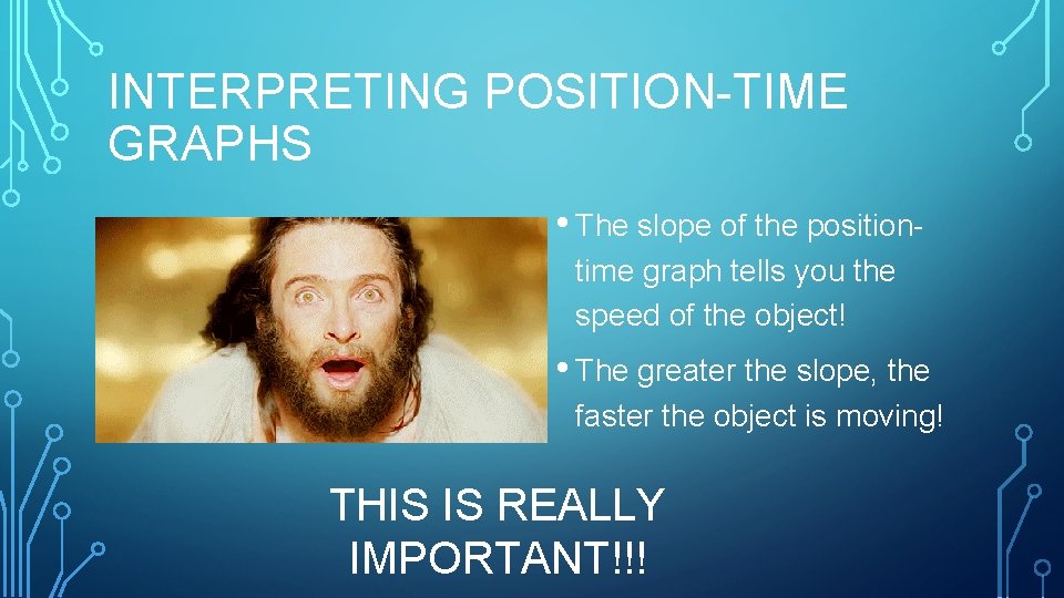 INTERPRETING POSITION-TIME GRAPHS • The slope of the positiontime graph tells you the speed