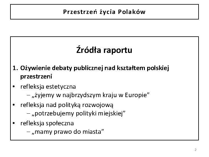 Przestrzeń życia Polaków Źródła raportu 1. Ożywienie debaty publicznej nad kształtem polskiej przestrzeni •