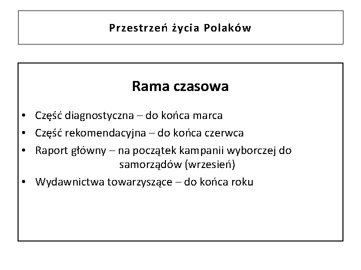 Przestrzeń życia Polaków Rama czasowa • Część diagnostyczna – do końca marca • Część