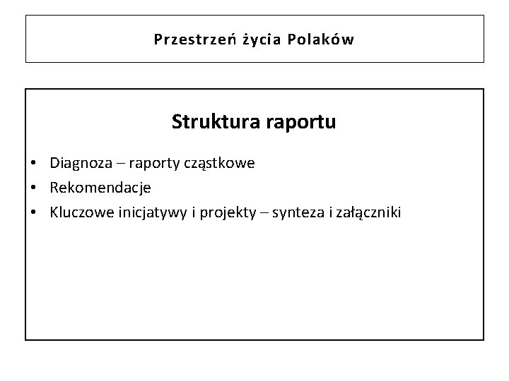 Przestrzeń życia Polaków Struktura raportu • Diagnoza – raporty cząstkowe • Rekomendacje • Kluczowe