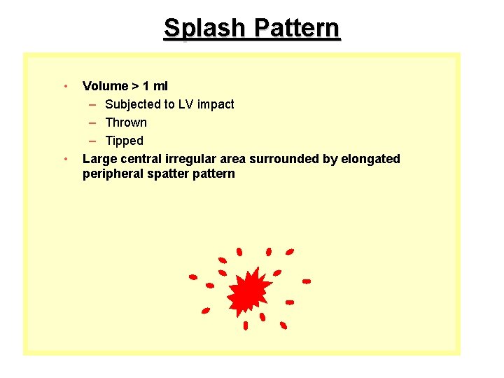 Splash Pattern • • Volume > 1 ml – Subjected to LV impact –
