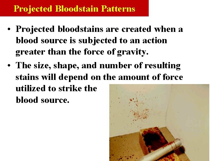 Projected Bloodstain Patterns • Projected bloodstains are created when a blood source is subjected