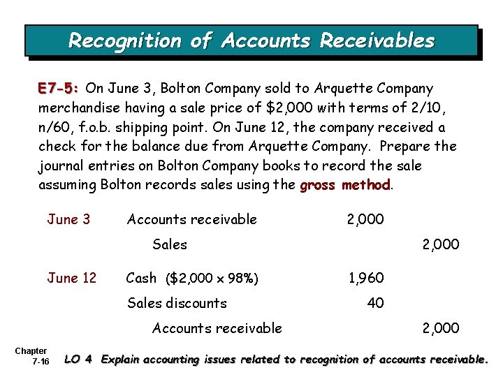 Recognition of Accounts Receivables E 7 -5: On June 3, Bolton Company sold to