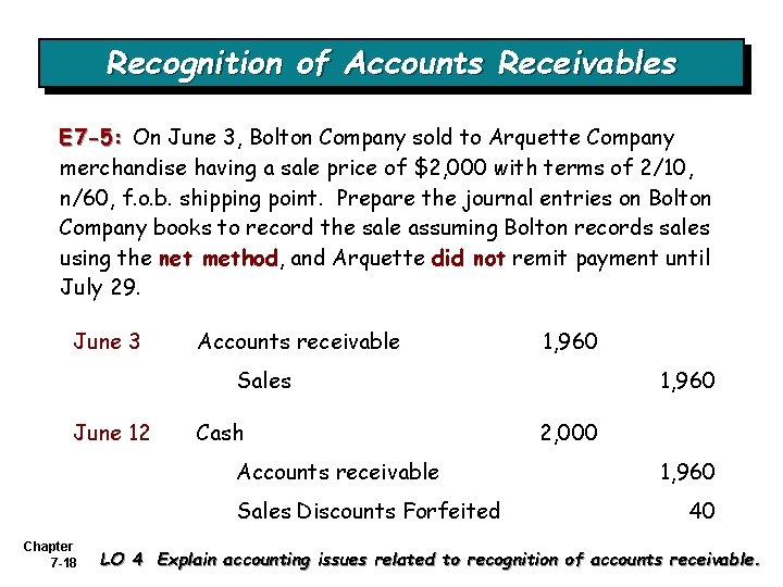 Recognition of Accounts Receivables E 7 -5: On June 3, Bolton Company sold to