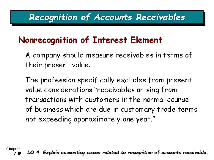 Recognition of Accounts Receivables Nonrecognition of Interest Element A company should measure receivables in