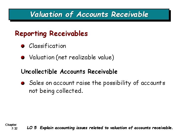 Valuation of Accounts Receivable Reporting Receivables Classification Valuation (net realizable value) Uncollectible Accounts Receivable