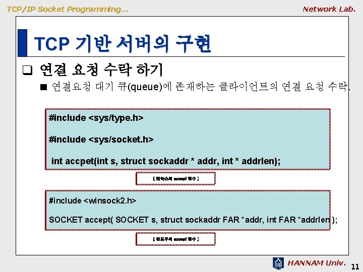 TCP/IP Socket Programming… Network Lab. TCP 기반 서버의 구현 q 연결 요청 수락 하기 TCP/IP Socket Programming… Network Lab. TCP 기반 서버의 구현 q 연결 요청 수락 하기