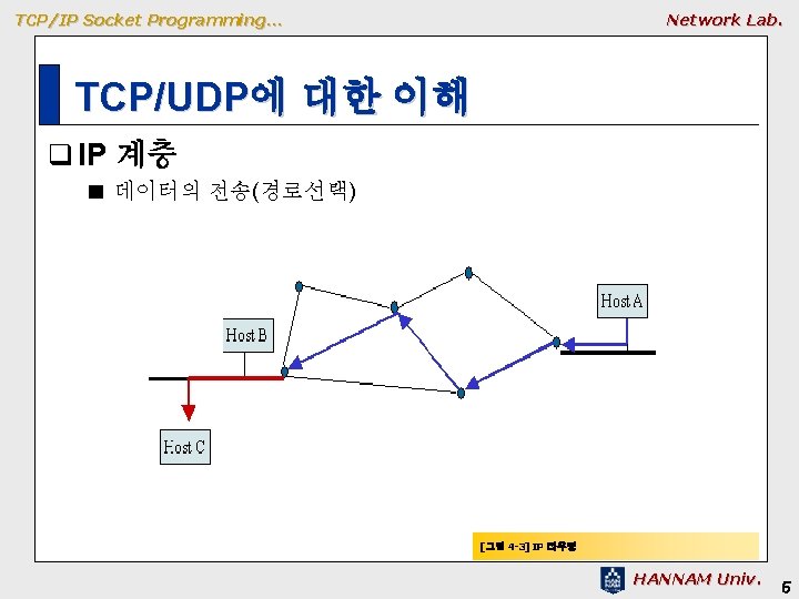 TCP/IP Socket Programming… Network Lab. TCP/UDP에 대한 이해 q IP 계층 ■ 데이터의 전송(경로선택) TCP/IP Socket Programming… Network Lab. TCP/UDP에 대한 이해 q IP 계층 ■ 데이터의 전송(경로선택)