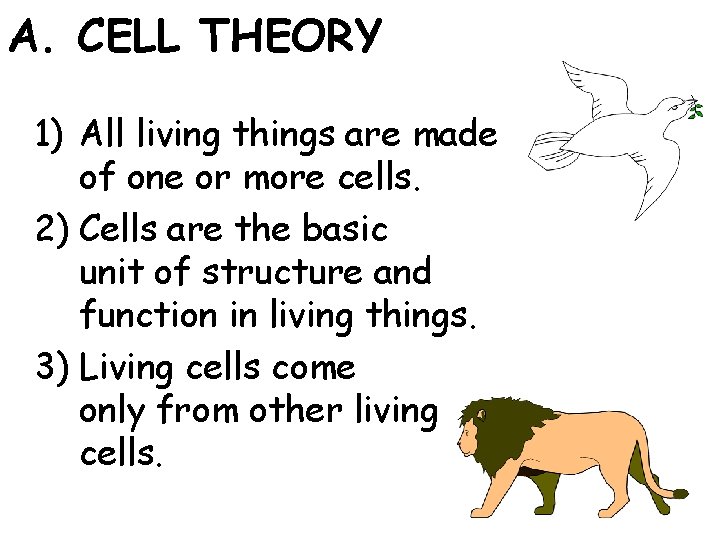 A. CELL THEORY 1) All living things are made of one or more cells.