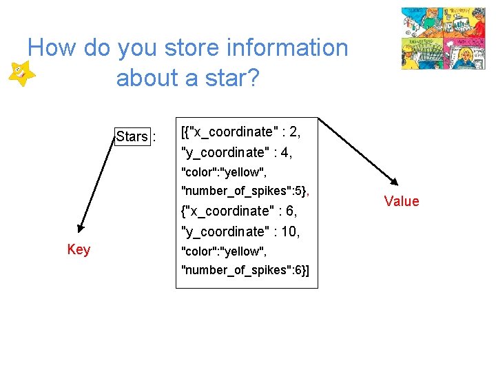 How do you store information about a star? Stars : [{"x_coordinate" : 2, "y_coordinate"