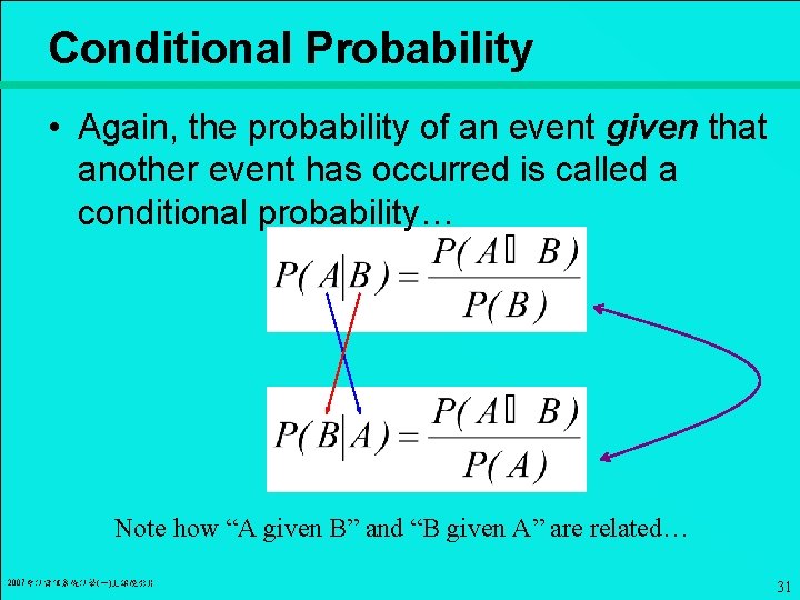 Conditional Probability • Again, the probability of an event given that another event has