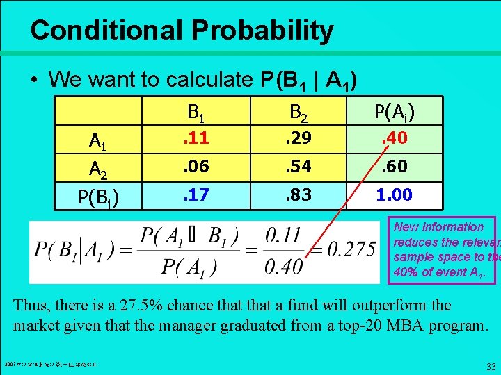 Conditional Probability • We want to calculate P(B 1 | A 1) A 1