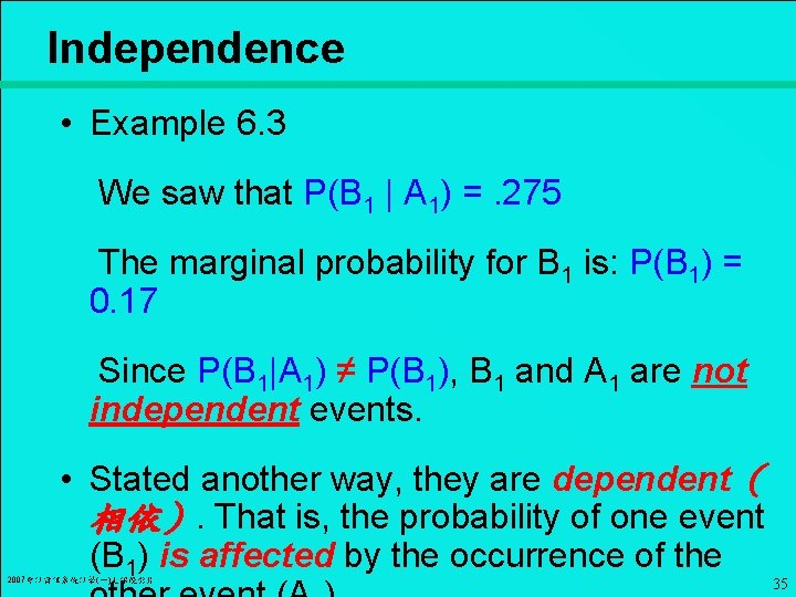 Independence • Example 6. 3 We saw that P(B 1 | A 1) =.