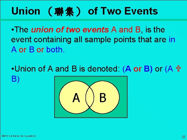 Union （聯集） of Two Events • The union of two events A and B,