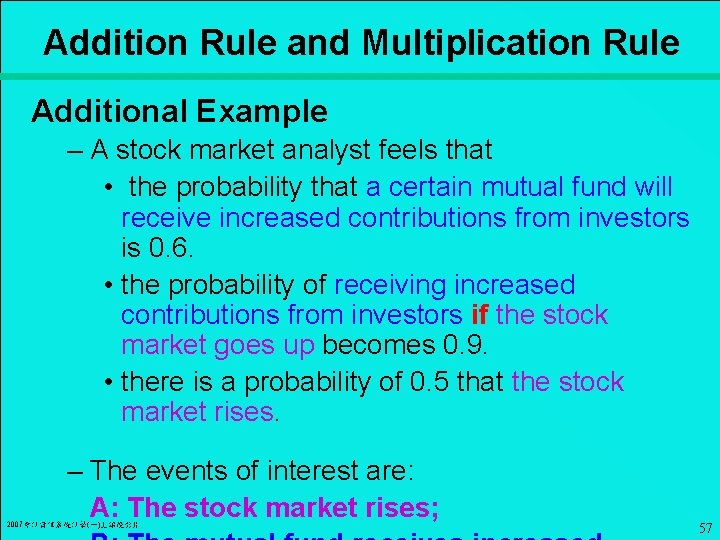 Addition Rule and Multiplication Rule Additional Example – A stock market analyst feels that