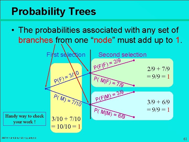 Probability Trees • The probabilities associated with any set of branches from one “node”