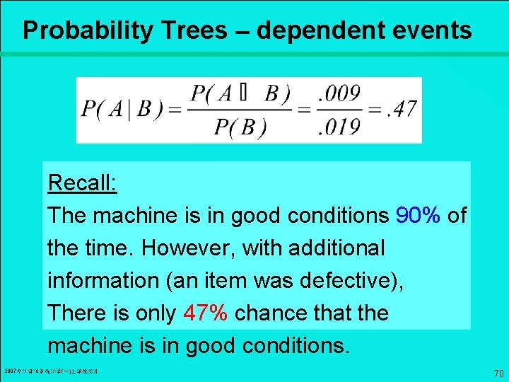 Probability Trees – dependent events Recall: The machine is in good conditions 90% of