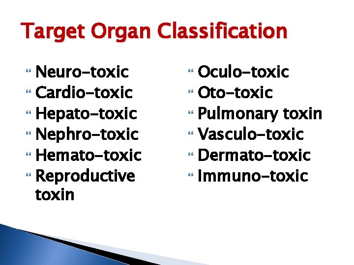 Target Organ Classification Neuro-toxic Cardio-toxic Hepato-toxic Nephro-toxic Hemato-toxic Reproductive toxin Oculo-toxic Oto-toxic Pulmonary toxin