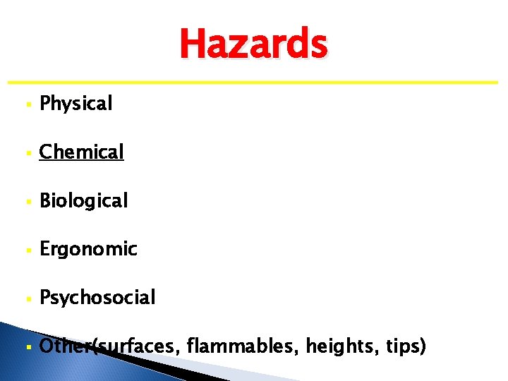 Hazards § Physical § Chemical § Biological § Ergonomic § Psychosocial § Other(surfaces, flammables,