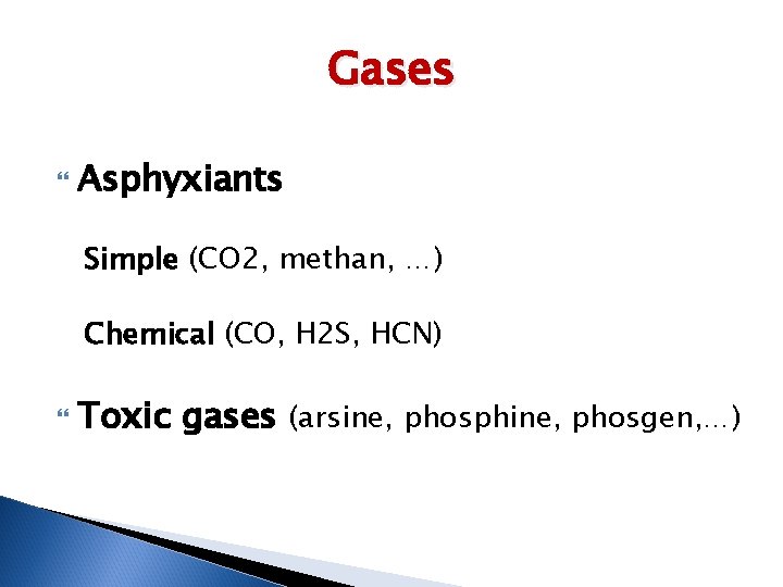 Gases Asphyxiants Simple (CO 2, methan, …) Chemical (CO, H 2 S, HCN) Toxic