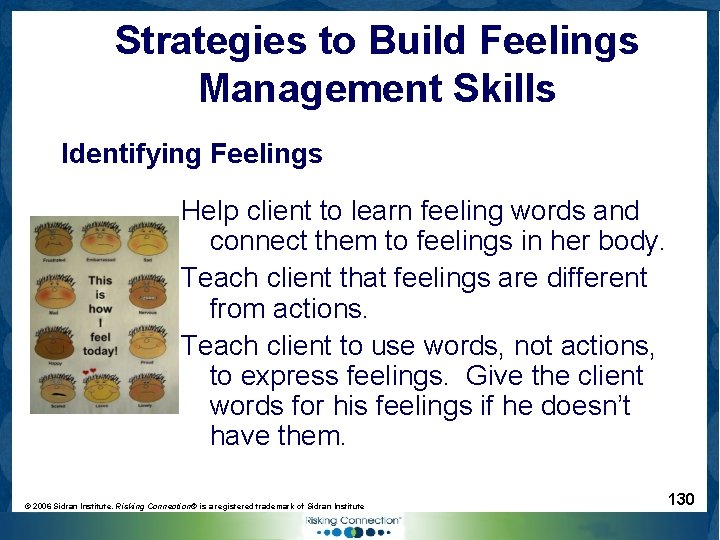 Strategies to Build Feelings Management Skills Identifying Feelings Help client to learn feeling words