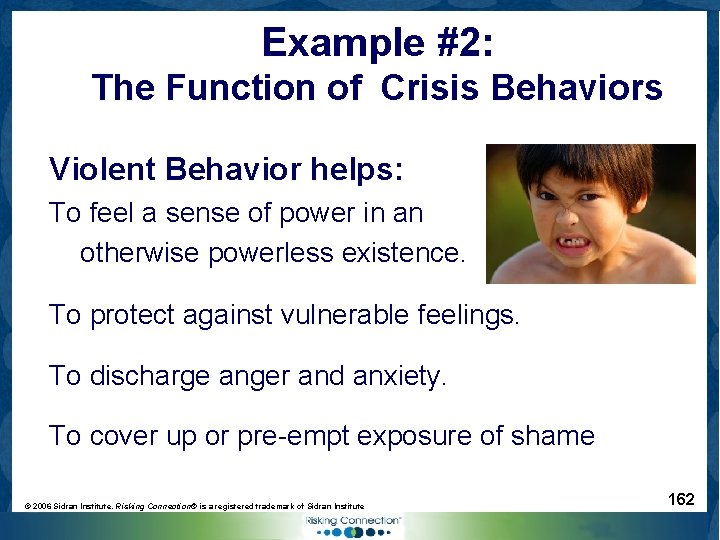 Example #2: The Function of Crisis Behaviors Violent Behavior helps: To feel a sense