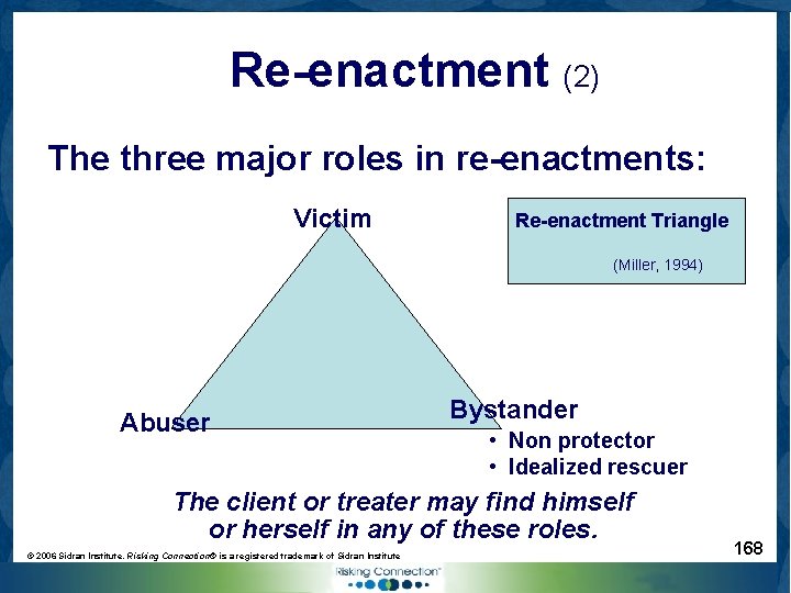 Re-enactment (2) The three major roles in re-enactments: Victim Re-enactment Triangle (Miller, 1994) Abuser