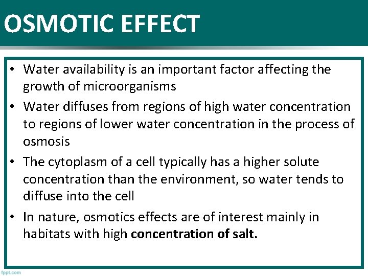 OSMOTIC EFFECT • Water availability is an important factor affecting the growth of microorganisms