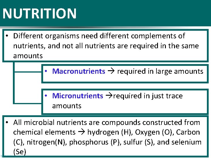 NUTRITION • Different organisms need different complements of nutrients, and not all nutrients are