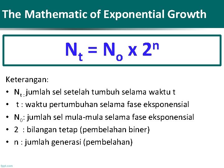The Mathematic of Exponential Growth Nt = No n x 2 Keterangan: • Nt