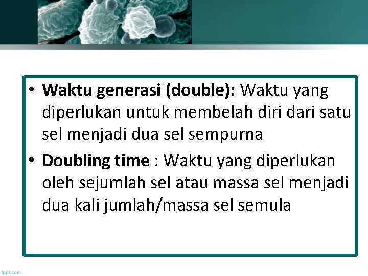  • Waktu generasi (double): Waktu yang diperlukan untuk membelah diri dari satu sel