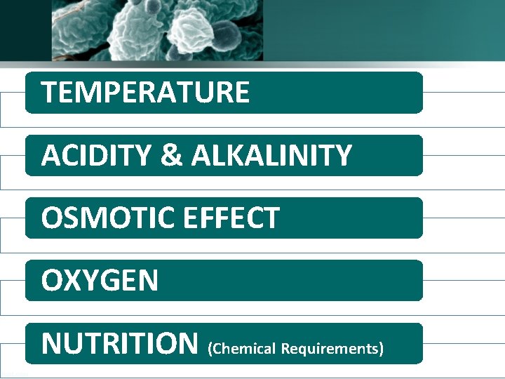 TEMPERATURE ACIDITY & ALKALINITY OSMOTIC EFFECT OXYGEN NUTRITION (Chemical Requirements) 