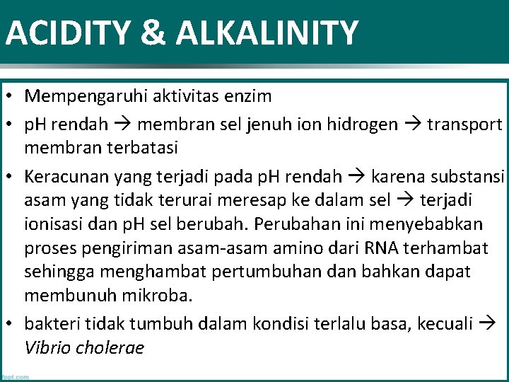 ACIDITY & ALKALINITY • Mempengaruhi aktivitas enzim • p. H rendah membran sel jenuh
